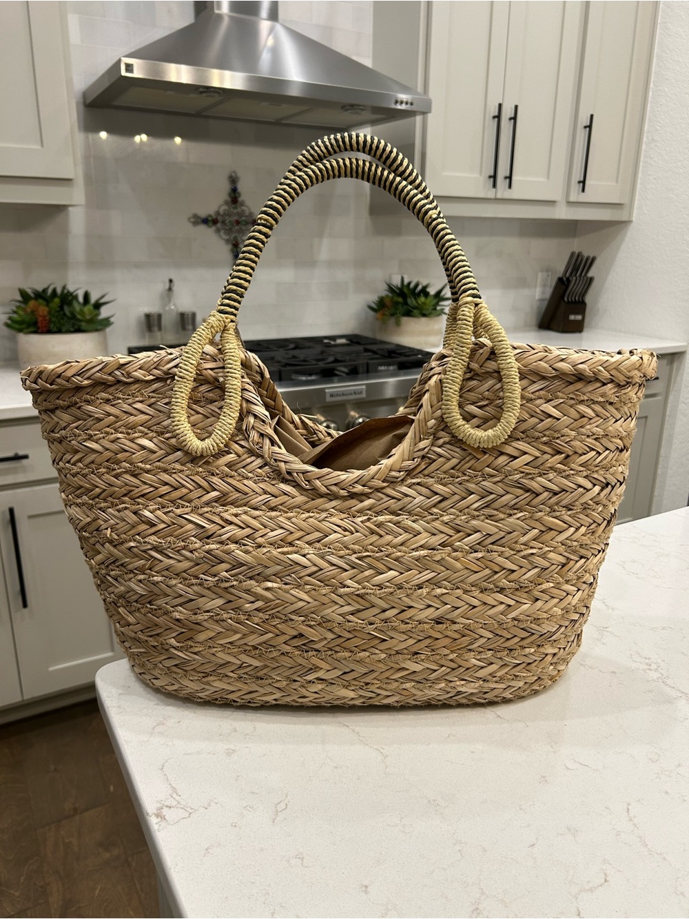 Brand new Natural Woven Straw Tote Bag with Black-Striped Handles 💛